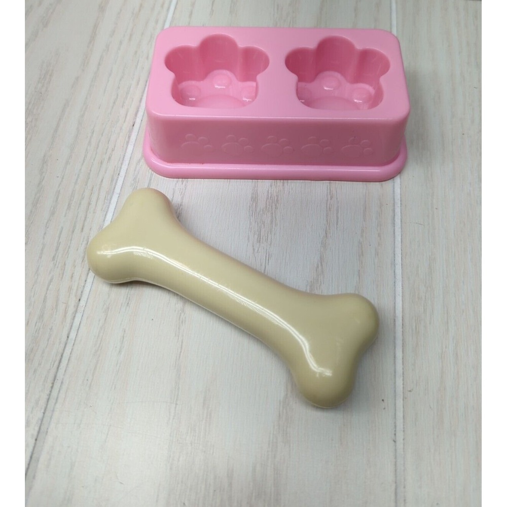 Build a Bear or Barbie Pink paws dog food water bowl and bone for plush puppy